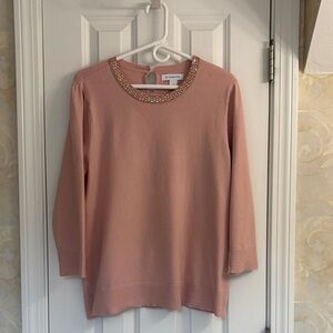 Liz Claiborne Festive Seashell Pink Sweater with Beaded Neckline and 3/4 Sleeves